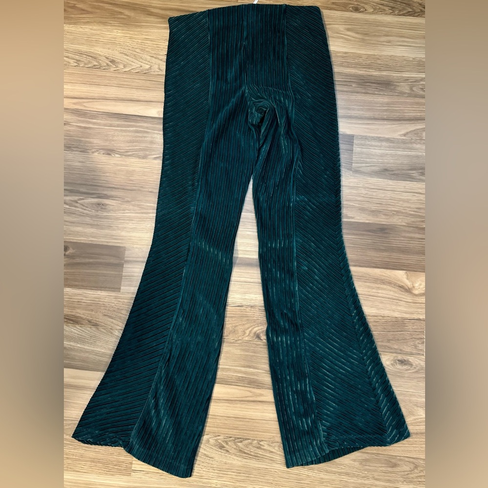 Free People Velvet Dark Green Ribbed Slim Flare Pull On Bell Bottom Pants M - Picture 6 of 11